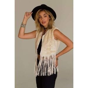 Raga Anthropologie The Nomad Faux Fur Fringe Vest Cream Medium M
